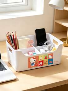 HELLO KITTY AND FRIENDS | SHEIN 1 Buah Organizer Penyimpanan Meja Plastik Multi-Grid Hello Kitty, Wadah Meja Terbagi dengan Pegangan Samping, Tempat Penyimpanan Alat Tulis, Kosmetik, dan Kabel Kartun Lucu Berlisensi, Kotak Penyimpanan Putih Kokoh untuk Meja Belajar, Kamar Tidur, Kantor, Hadiah untuk Anak Perempuan dan Remaja - MultiWarna - View 1