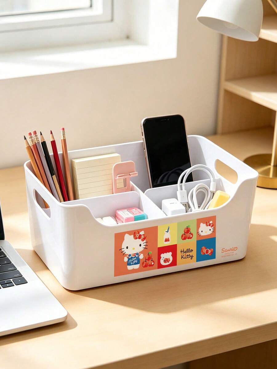 HELLO KITTY AND FRIENDS | SHEIN 1 Buah Organizer Penyimpanan Meja Plastik Multi-Grid Hello Kitty, Wadah Meja Terbagi dengan Pegangan Samping, Tempat Penyimpanan Alat Tulis, Kosmetik, dan Kabel Kartun Lucu Berlisensi, Kotak Penyimpanan Putih Kokoh untuk Meja Belajar, Kamar Tidur, Kantor, Hadiah untuk Anak Perempuan dan Remaja - MultiWarna - View 1