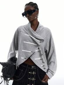 LYSMO Women's Fashion Vintage Wrap Single-Breasted Raglan Long Sleeve Sweatshirt - Light Grey - View 5