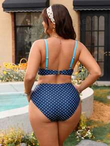 Swim Mod Set Baju Renang Push-Up Berkawat Ukuran Plus Eropa dan Amerika, Bikini Cup Lembut Motif Polkadot Retro - Biru - View 2
