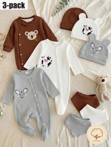新生兒3件套長袖連身衣附足褲、帽子與圍兜，灰色花卉棉質羅紋舒適柔軟寬鬆極簡可愛刺繡考拉圖案家居服，四季皆宜且適合戶外穿著 - 灰色 - 查看 5