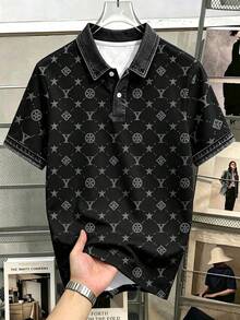 Manfinity Joysei 男士全印花休閒通勤短袖 Polo 衫 - 黑色 - 查看 5