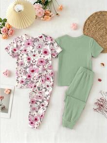 SHEIN 女童休閒極簡修身舒適圓領短袖長褲家居服套裝，適合春夏，4件套 - 彩色 - 查看 3