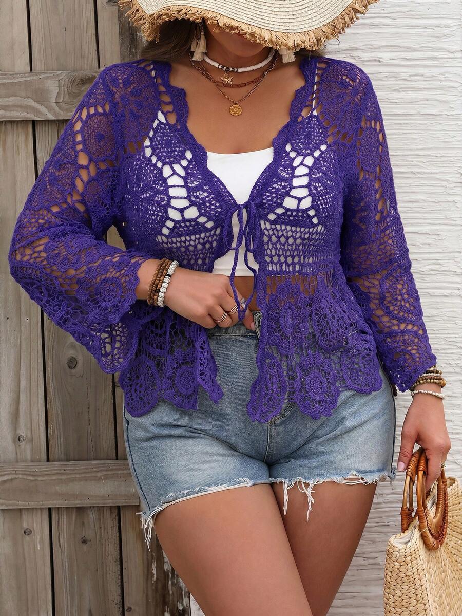 SHEIN VCAY Cardigan de punto calado para vacaciones talla grande otoño - Azul - Ver 1