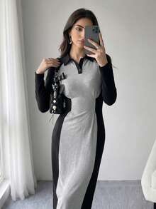 Solavon Women's Casual Modern Filipiniana Modest Long-Sleeve Knit Dress Black Grey Color-Block (34 Cotton) Formal Morning Night Office Fall - Multicolor - View 4
