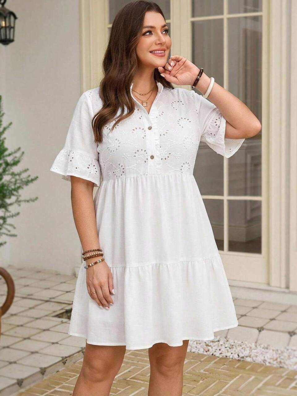 Plus Size Women's Summer Casual Embroidered White Ruffle Hem Dress