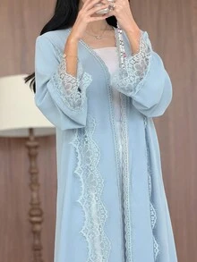 Yasmeen Edit Yasmeen Edit Romantic Elegant Solid Color Flared Mesh Lace Decor Women's Abaya - Blue - View 5