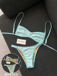 Swim Mod 女款夏季海灘簡約優雅浪漫休閒度假性感甜美可愛時尚泳衣套裝，彩色水果與植物印花條紋印花，可翻面雙面印花，多種穿搭選擇，抹胸微型比基尼，適用於海灘、度假村、水療中心、音樂節、蜜月及休閒度假場合 - 彩色 - 查看 5