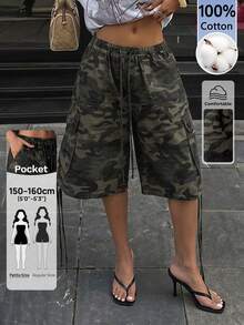 Sinnesro WOMEN Cargo Utility Long Shorts Military Combat Style Drawstring Elastic Waist Summer Spring Casual Pockets Bermuda Length Outdoor Hiking Walking ,Petite Women - Army Green - View 2