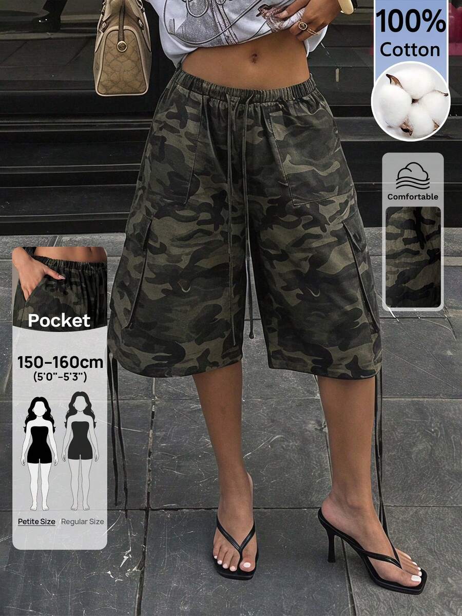 Sinnesro WOMEN Cargo Utility Long Shorts Military Combat Style Drawstring Elastic Waist Summer Spring Casual Pockets Bermuda Length Outdoor Hiking Walking ,Petite Women