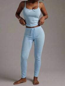Livesso 2pcs Solid Color Sleeveless Camisole Top & Slim Fit Long Pajama Pants Summer Sleepwear Set For Women - Blue - View 7