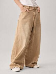 Vaulklash Men's Casual Straight Loose Fit Jeans With Pockets And Belt Loops - Brown - View 1