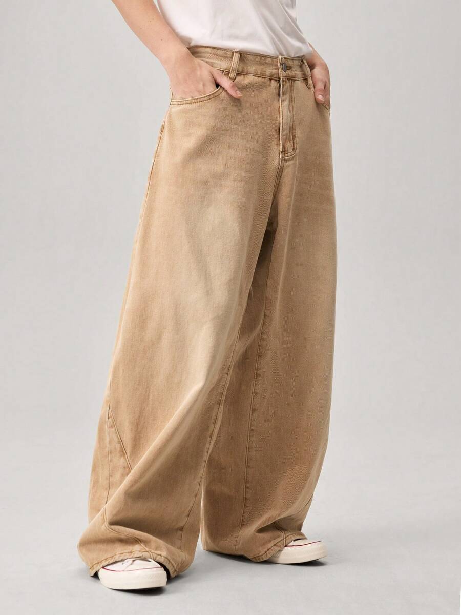 Vaulklash Men's Casual Straight Loose Fit Jeans With Pockets And Belt Loops - Brown - View 1