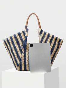 MOTF WOMEN'S FASHION BLUE STRIPED TOTE BAG, CASUAL VACATION WOVEN HANDBAG FOR VACATION, TRAVEL, SEASIDE, BEACH, BOHEMIA - Royal Blue - View 5