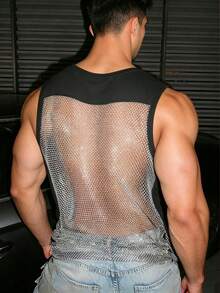 Manfinity Dauomo Casual Fashion Rhinestone Fishnet Patchwork Men's Tank Top - Black - View 3