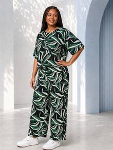 ELLERISSA Mono de pierna ancha y corto con estampado tropical verde en talla grande - Verde - Ver 5