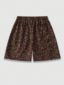 ROMWE MEN Street Life Pantalones cortos de ante con estampado de leopardo y corte holgado para hombre - Marrón - Ver 3
