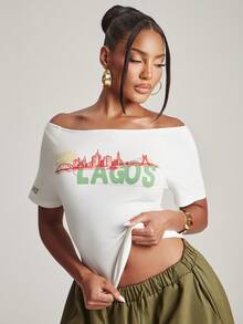 NYA SZN Top Color Block Short Sleeve Ribbed Knit Trim Printed Graphic Tee "Lagos" "Center Of Excellence" Oversized Summer Red Green Yellow Outfits For Women - Apricot - View 5