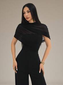 SHEIN PETITE 女款素色立領百褶優雅寬腿連身褲 - 黑色 - 查看 3