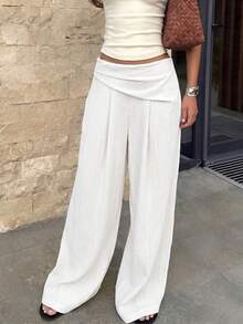 Firerie Women's Elegant Textured Wide Leg Long Pants, High Waist Asymmetric Pleated Design, Romantic Date Vacation Beach Cruise City Street Summer - White - View 4