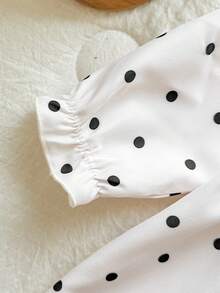 SHEIN Vintaside Kids Cute Baby Girl Red And White Polka Dot Dress, With Bow Decoration, Ruffle Long Sleeve Front Button Casual Soft Comfortable Fabric, Spring Autumn Wear - Black and White - View 9