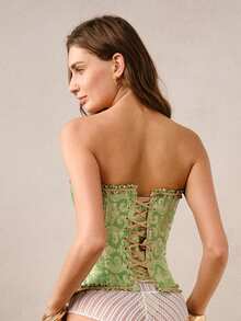 Hourtrue 1 pieza Top de corpiño estilo vintage europeo y americano para mujer, unicolor, parte posterior de encaje jacquard floral con lazo ajustable en la cintura, perfecto para vestidos de fiesta de noche formal y boda - Verde - Ver 2