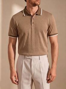 Core Aspect Men's Business Button Half-Placket Short Sleeve Polo Shirt, Ceremony - Brown - View 6
