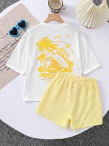 SHEIN LMoss Kids LMoss 青少年女孩針織純色寬鬆短袖上衣與短褲休閒套裝 - 黃色 - 查看 2