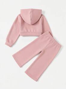 SHEIN 女嬰可愛灰色針織連帽外套與鬆緊腰長褲套裝 - 粉色 - 查看 4