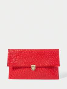 SHECARRY Tas Clutch Wanita Modis, Elegan, Sederhana, Klasik, Serbaguna, Warna Merah, Bahan PU Anyaman Timbul, Cocok untuk Kencan Sehari-hari, Pesta, Perjalanan, dan Minum Teh Sore. - Fiery Red - View 1