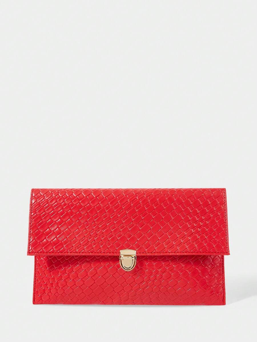 SHECARRY Tas Clutch Wanita Modis, Elegan, Sederhana, Klasik, Serbaguna, Warna Merah, Bahan PU Anyaman Timbul, Cocok untuk Kencan Sehari-hari, Pesta, Perjalanan, dan Minum Teh Sore. - Fiery Red - View 1