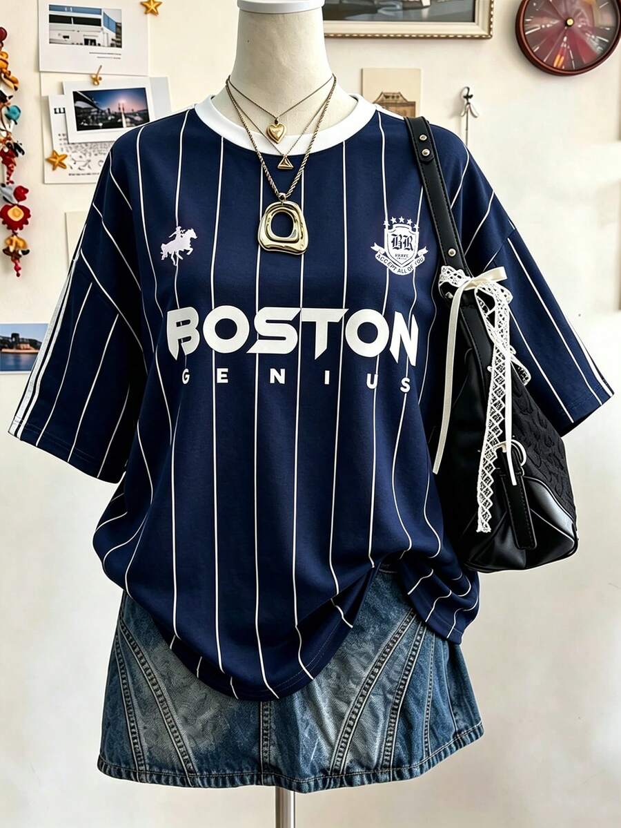 Lalippa 字母圖案直條紋印花時尚極簡女款寬鬆中長版圓領落肩T恤,好友禮物 - 彩色 - 查看 1