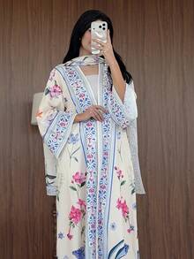 Yasmeen Edit Yasmeen Edit 2pcs Modest Printed Cardigan Abaya With Headscarf Set, Middle Eastern Dubai Style Outerwear Eid Spring - Printing Color - View 2