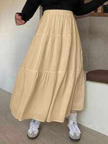 Dazy Plus Plus Size Women's Elastic Waist Patchwork Loose A-Line Skirt Spring Summer - Apricot - View 1