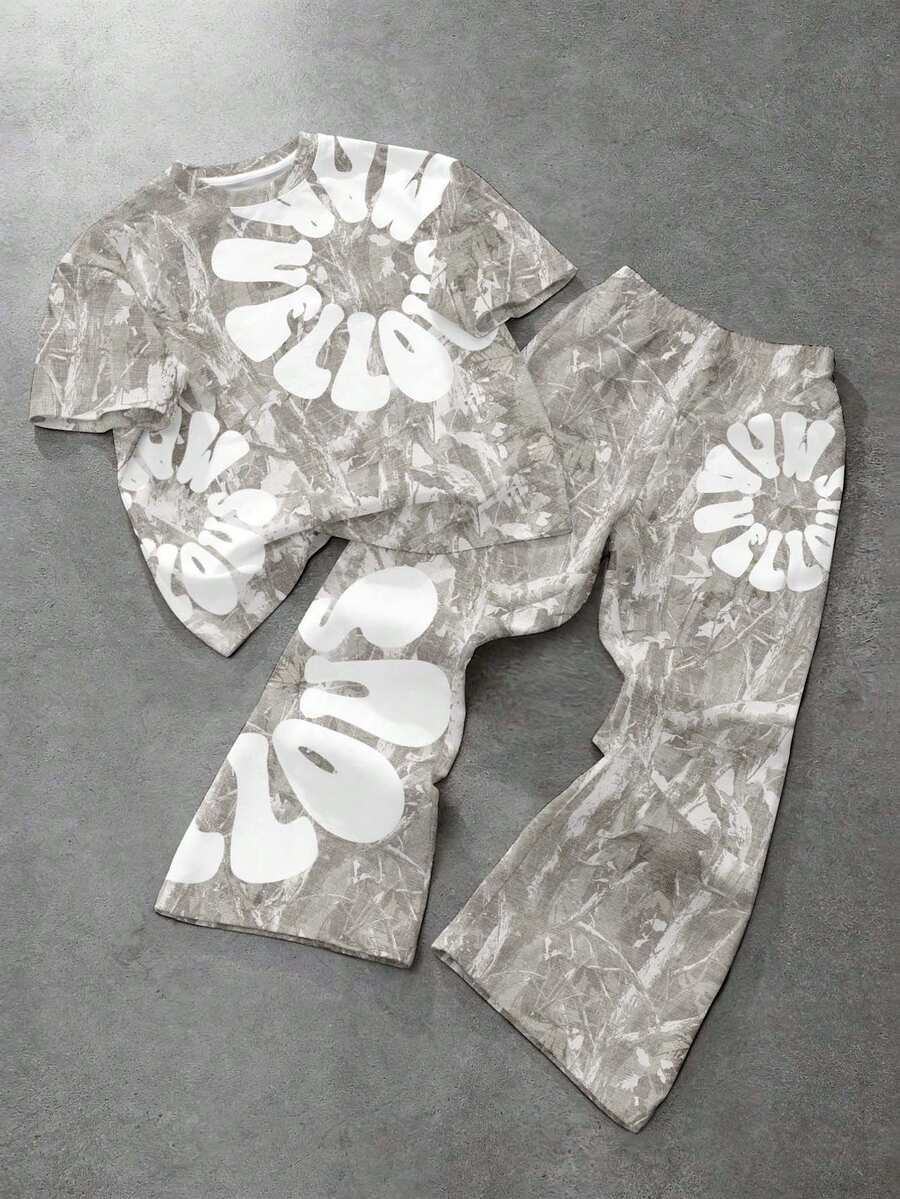 青少年男孩休閒舒適時尚極簡圓領短袖喇叭褲T恤套裝,休閒極簡Y2K酷感嘻哈搖滾塗鴉運動風 - 彩色 - 查看 1