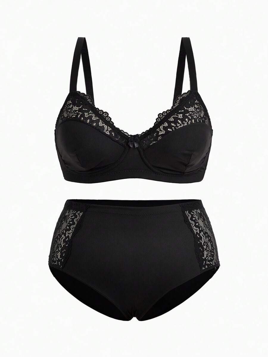 Slumbrini Plus Size Women Knitted Comfortable Lingerie Set - Black - View 1
