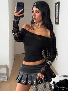 Coolane 女款春季巫女哥德風音樂節十字圖案蕾絲拼接露肩上衣，X 神秘之心 - 黑色 - 查看 5