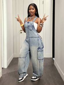 Slaydiva Women's Denim Cargo Pocket Super Loose Overalls - Blue - View 4