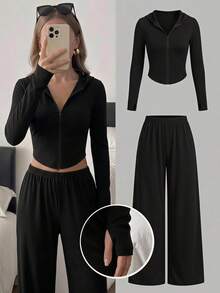SHEIN Kids Teen Girls Knitted All All All Black Hoodie Long Pants Casual Streetwear Outerwear 2 Pieces Set Groove Autumn Groove Groove - Black - View 3