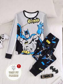 BATMAN X SHEIN 青少年男孩卡通印花長袖上衣與長褲套裝，舒適修身，適合居家與戶外穿著，百搭 - 灰色 - 查看 2