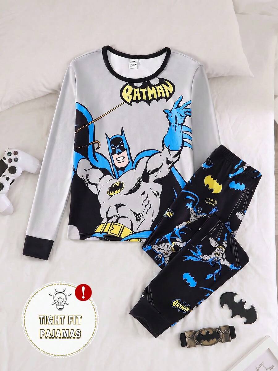 BATMAN X SHEIN 青少年男孩卡通印花長袖上衣與長褲套裝，舒適修身，適合居家與戶外穿著，百搭