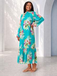 ELLERISSA Vestido midi de talla grande con cuello alto, mangas raglán, cintura caída y estampado floral turquesa - Multicolor - Ver 4