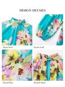 ELLERISSA Vestido midi de talla grande con cuello alto, mangas raglán, cintura caída y estampado floral turquesa - Multicolor - Ver 6