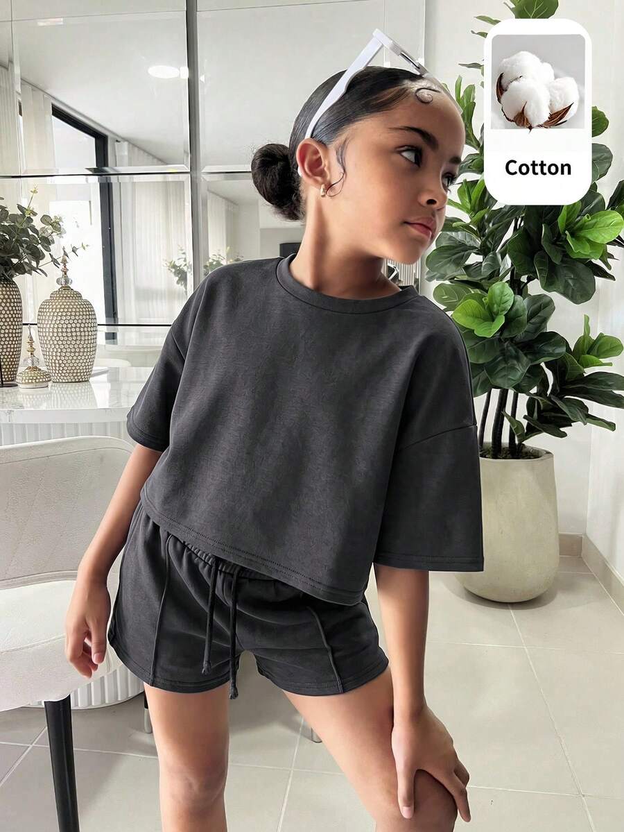 SHEIN 青少年女孩針織純色圓領修身休閒T恤與短褲兩件套 - 灰色 - 查看 1