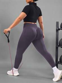 Solea Cove Seamless High Elasticity Plus Size Women's Solid Color High Waist Casual Versatile Daily Wear Sports Leggings - Mauve Purple - View 3