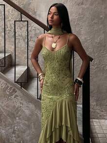 SHEIN BAE Women's Summer Sage Green Floral Elegant Romantic Luxurious Spaghetti Strap Mesh Beaded Embroidered Mermaid Dress For Birthday Party Dinner Wedding - Green - View 7