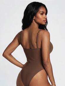 SHAPORA Women's Seamless Coffee Brown Rib-Knit Backless Body Slimming Shapewear Bodysuit - Coffee Brown - View 2