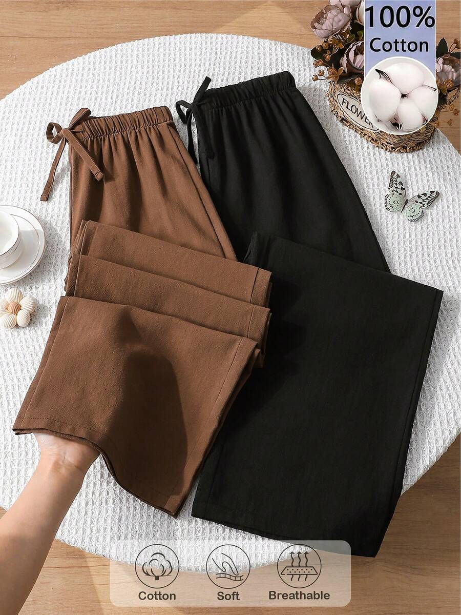 SHEIN 青少年女孩休閒百搭純色直筒長褲 - 咖啡棕 - 查看 1