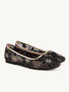 CUCCOO CHICEST Women Shoes Black Gold Embroidered Mesh Square Toe Flat-Soled Shoes, Temperament Commuter Banquet Soft-Soled Shoes - black gold - View 2