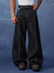 PAVTROS Men's Casual Washed Wide Leg Jeans - Black - View 4